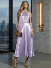 Luxurious Champagne-Gold Pleated Halter Midi Prom Dress