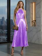 Luxurious Champagne-Gold Pleated Halter Midi Prom Dress