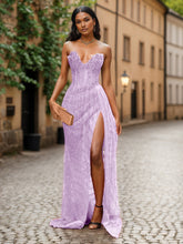 Red Strapless Beaded Fringe Waist Sequin Prom Dress with High Slit