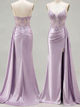 Lilac Beaded Corset Satin Long Prom Dress with High Slit