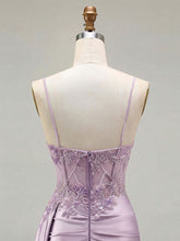 Lilac Beaded Corset Satin Long Prom Dress with High Slit