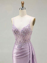 Lilac Beaded Corset Satin Long Prom Dress with High Slit