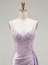 Lilac Beaded Corset Satin Long Prom Dress with High Slit