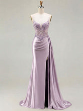 Lilac Beaded Corset Satin Long Prom Dress with High Slit