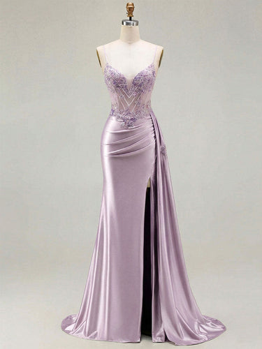 Lilac Beaded Corset Satin Long Prom Dress with High Slit