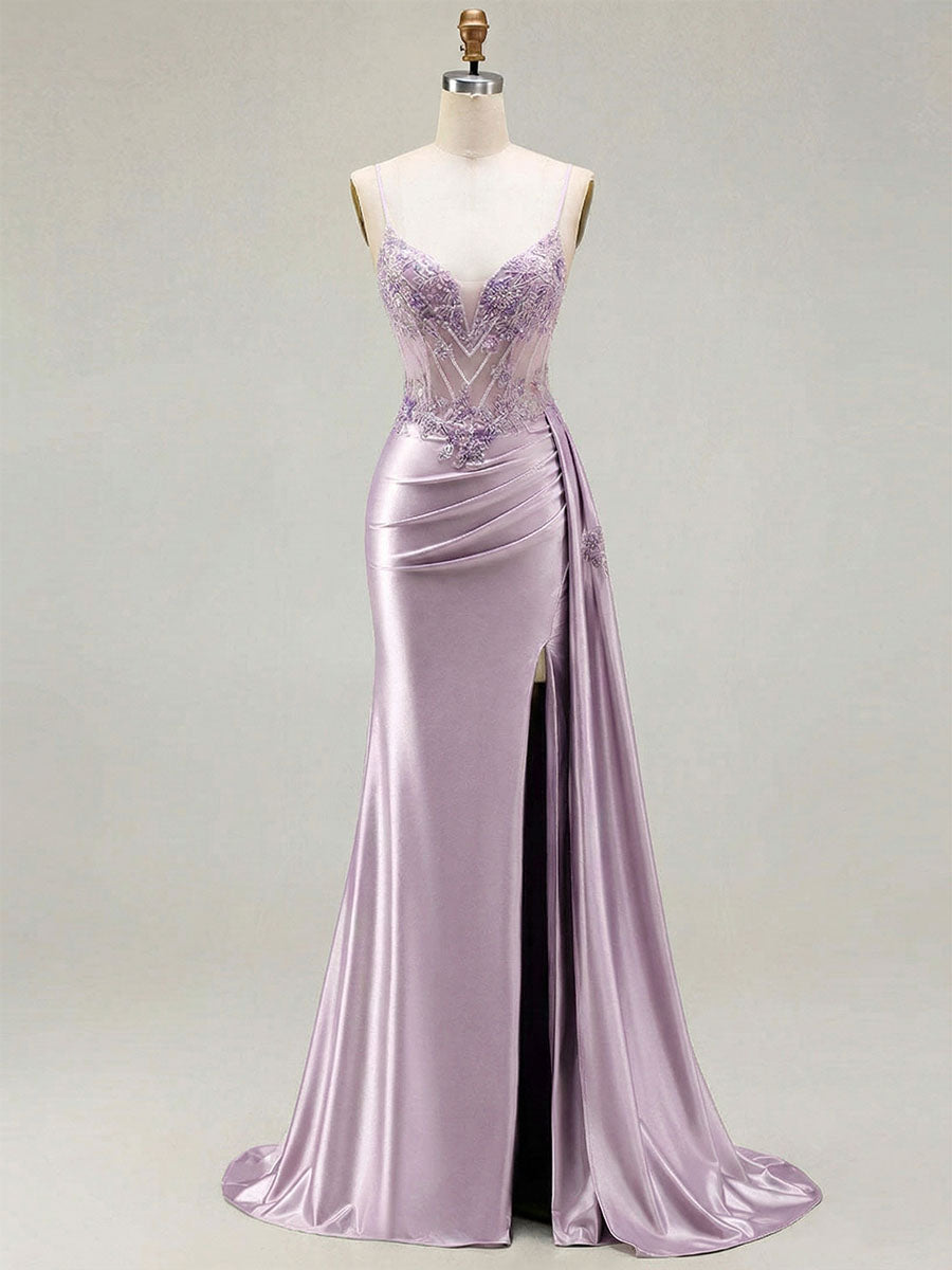 Lilac Beaded Corset Satin Long Prom Dress with High Slit