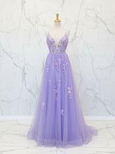 Lilac Floral Spaghetti Straps Embroidered Corset Long Prom Dress