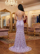 Lilac Floral V-Neck Embroidered Prom Dress with High Slit