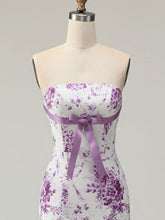 Lilac Flower Mermaid Strapless Tiered Print Long Prom Dress with Ruffles