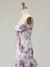 Lilac Flower Mermaid Strapless Tiered Print Long Prom Dress with Ruffles