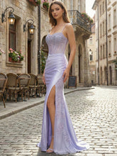 Lilac Lace Appliqué Satin Corset Prom Dress with Slit