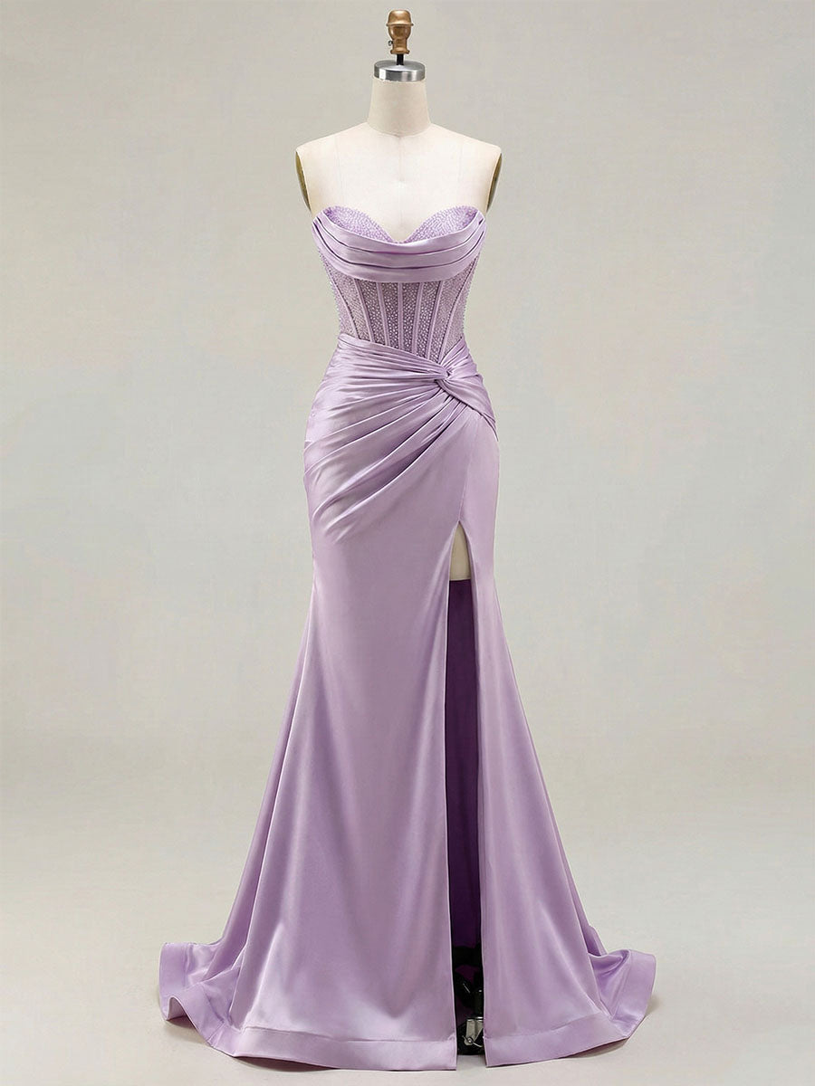 Lilac Satin Strapless Beaded Bodice Cowl Neck Corset Prom Dress – Anna PromDress