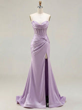 Lilac Satin Strapless Beaded Bodice Cowl Neck Corset Prom Dress