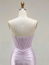 Lilac Satin Strapless Beaded Bodice Cowl Neck Corset Prom Dress