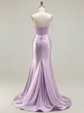 Lilac Satin Strapless Beaded Bodice Cowl Neck Corset Prom Dress