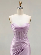 Lilac Satin Strapless Beaded Bodice Cowl Neck Corset Prom Dress