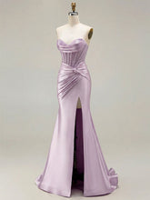 Lilac Satin Strapless Beaded Bodice Cowl Neck Corset Prom Dress
