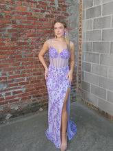 Lilac Spaghetti Straps Corset Embellished Prom Dress with Slit