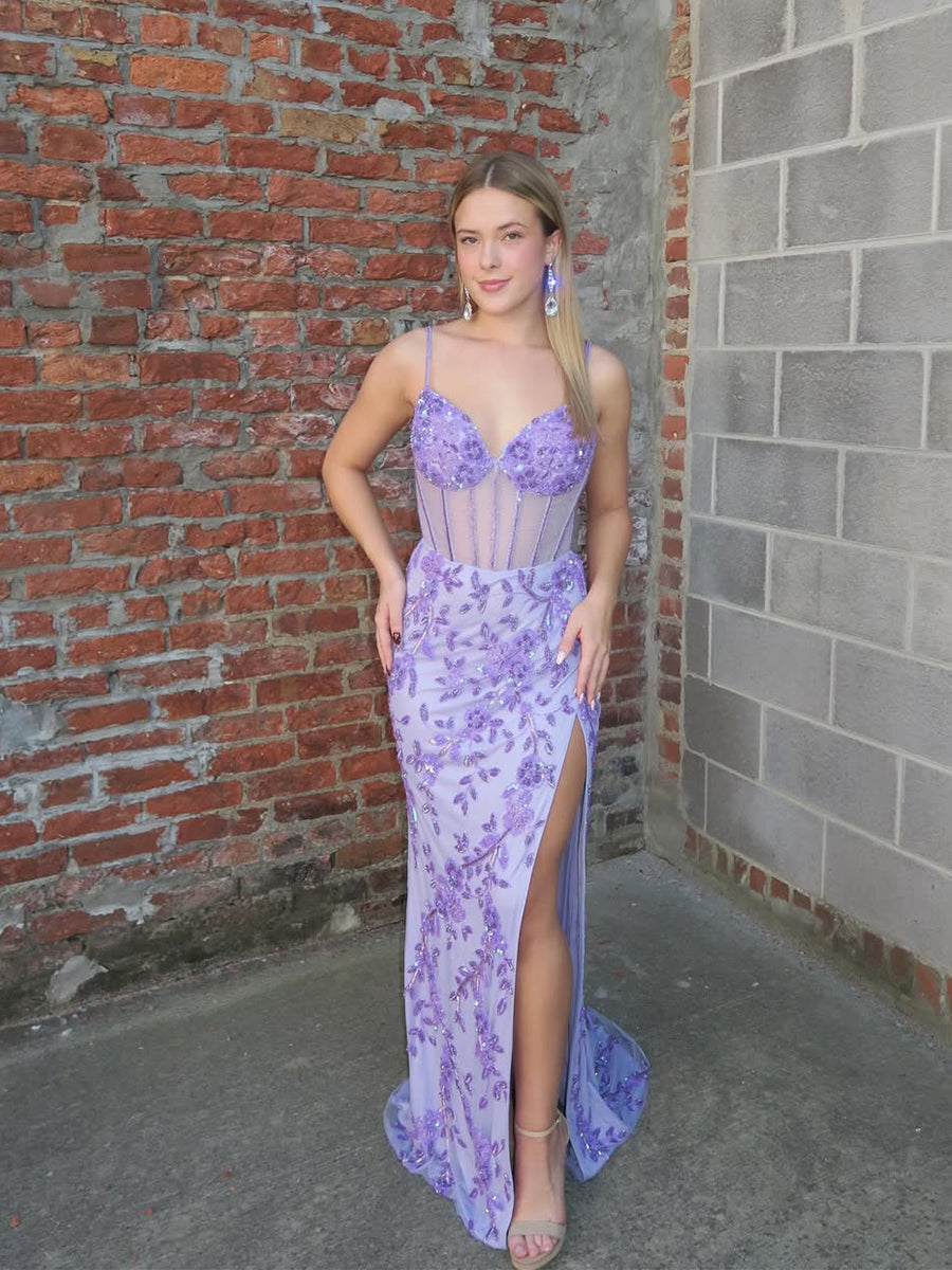 Lilac Spaghetti Straps Corset Embellished Prom Dress with Slit