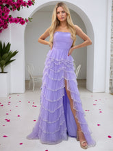 Lilac Strapless Sequin-Trimmed Tiered Ruffles Tulle Prom Dress with Slit