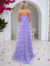 Lilac Strapless Sequin-Trimmed Tiered Ruffles Tulle Prom Dress with Slit