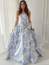 Lilac Floral A Line Strapless Long Prom Dress with Bow
