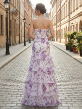 Lilac Flower Mermaid Strapless Tiered Print Long Prom Dress with Ruffles