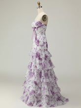 Lilac Flower Mermaid Strapless Tiered Print Long Prom Dress with Ruffles