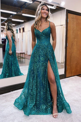 Long A line Spaghetti Straps Tulle Lace Sleeveless Prom Dress With Slit