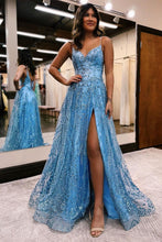 Long A line Spaghetti Straps Tulle Lace Sleeveless Prom Dress With Slit