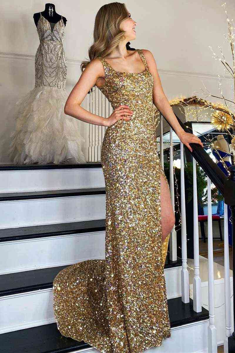 Square Neck Prom Dress With High Slit SYP149