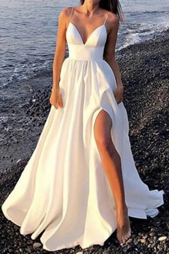 A-line V Neck Open Back Long Formal Long Prom Dress Wedding Dresses with High Slit