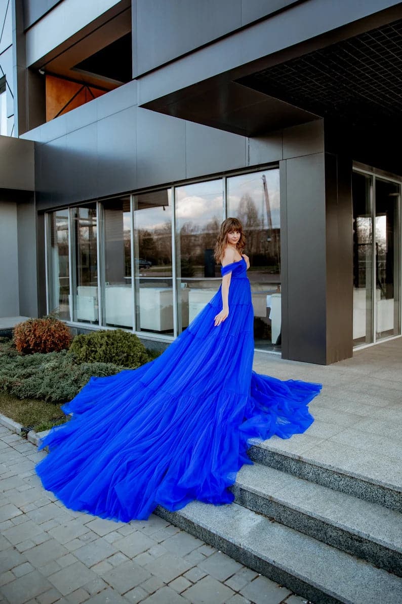 Royal blue long tulle dress with train SYP16