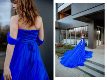 Royal blue long tulle dress with train SYP16