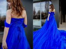 Royal blue long tulle dress with train SYP16