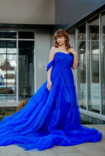 Royal blue long tulle dress with train SYP16