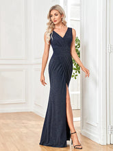 Elegant Shining V-neck Formal Evening Dress 2025 Women Sexy Slit Maxi Dress Blue Wedding Party Cocktail Prom Dresses