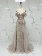Luxurious Champagne Beaded Off-the-Shoulder Prom Dress with Tulle Train