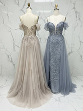 Luxurious Champagne Beaded Off-the-Shoulder Prom Dress with Tulle Train