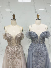 Luxurious Champagne Beaded Off-the-Shoulder Prom Dress with Tulle Train