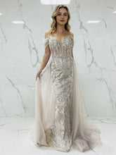 Luxurious Champagne Beaded Off-the-Shoulder Prom Dress with Tulle Train