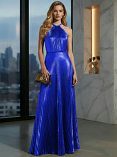 Luxurious Champagne-Gold Pleated Halter Long Prom Dress