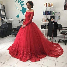 Red Off Shoulder Lace Tulle Long Sleeves Prom Dress Ball Gown Wedding Dresses, MP351