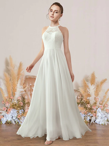 A-Line Wedding Dresses Jewel Neck Floor Length Chiffon Lace Sleeveless Romance Beach with Pleats