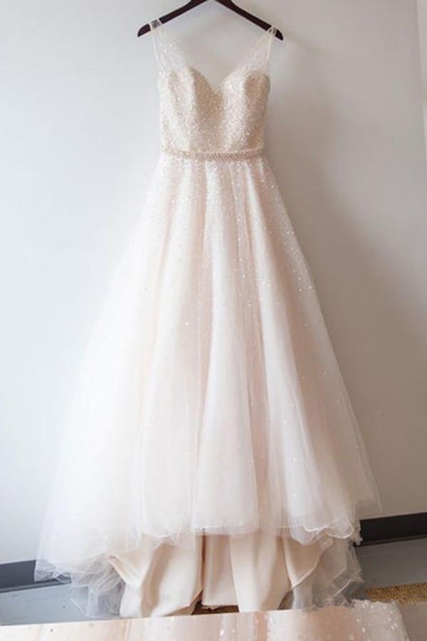 Blush Pink Tulle Ball Gown Lace Prom Dresses Sweetheart Wedding Dress MW111