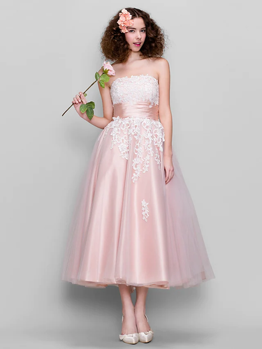 Ball Gown  Wedding Guest Prom Dress Strapless Sleeveless Ankle Length Tulle Stretch Satin with Appliques