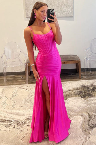 Sunnderly Addilynn| Mermaid Scoop Neck Satin Prom Dress with Slit