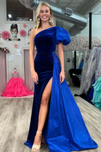 Jazmine | Royal Blue Velvet One-Shoulder Long Formal Dress with Attached Train