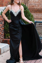 Markie | Black Rhinestone V-Neck Long Formal Dress with Attached Train