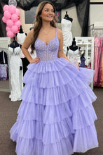 Tiered Ruffle Appliques Corset Long Prom Dress with Spaghetti Straps